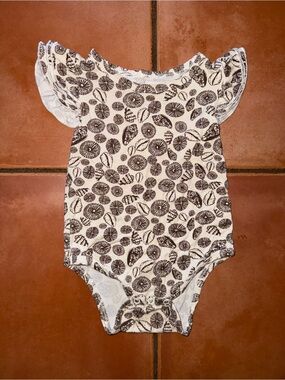 Baby Girls Flutter Sleeve One-Piece Romper in White and Brown